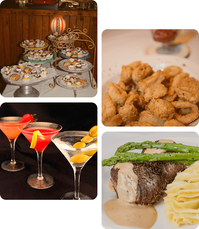 Collage of cocktails, fried calamari, steak, desserts