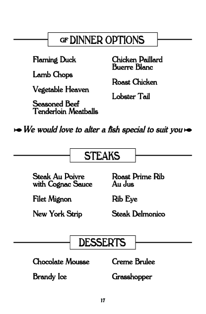 Dinner menu listing entrees, steaks, and desserts
