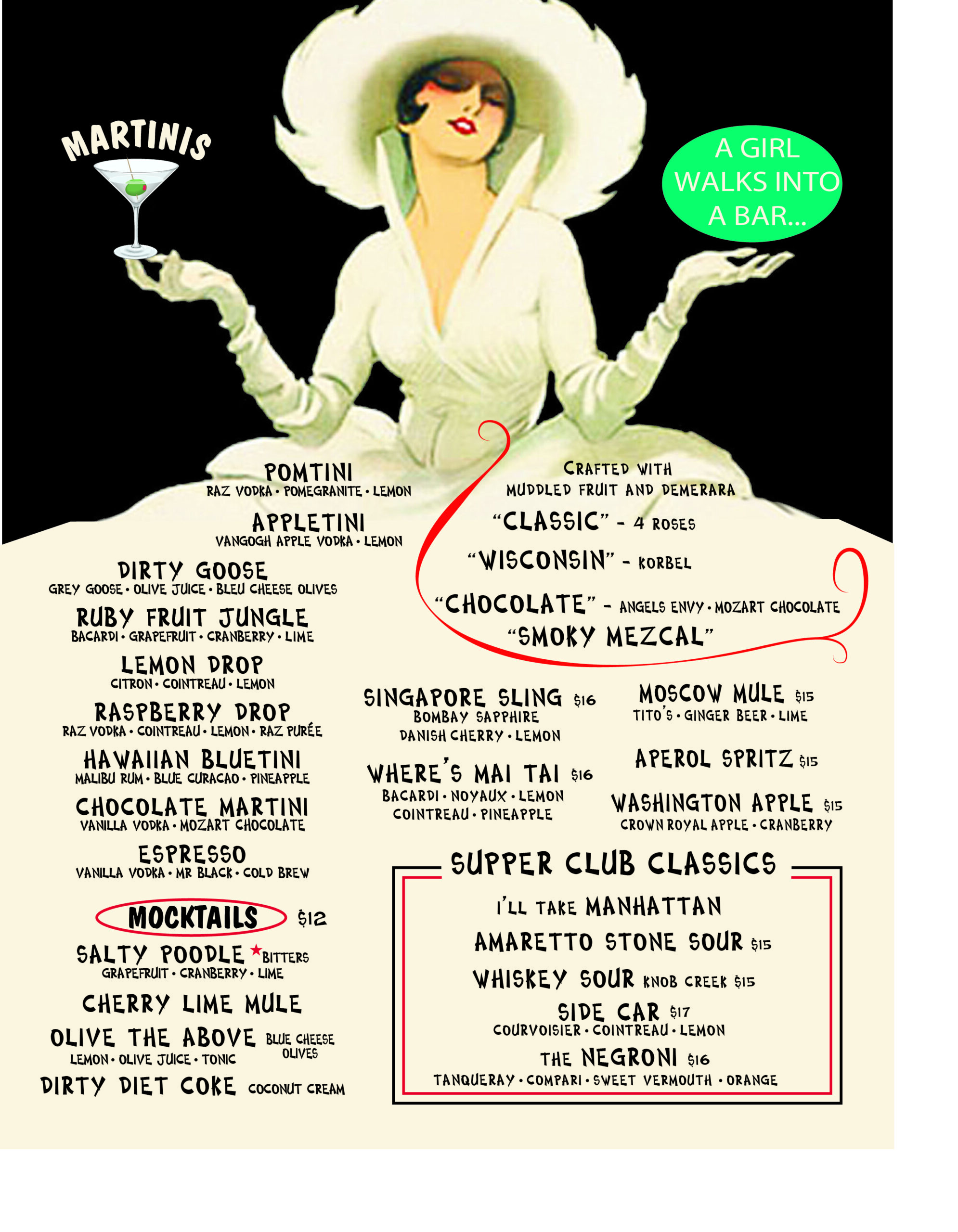 Art deco woman holding martini, cocktail menu