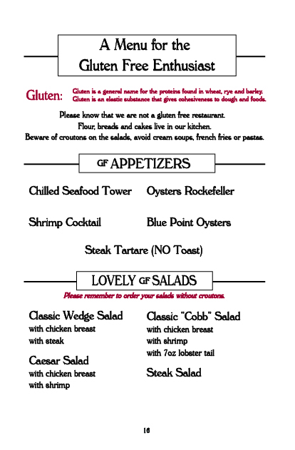 Gluten-free menu listing appetizers and salads