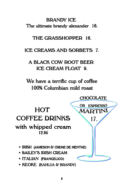 Vintage dessert menu featuring coffee drinks and martini
